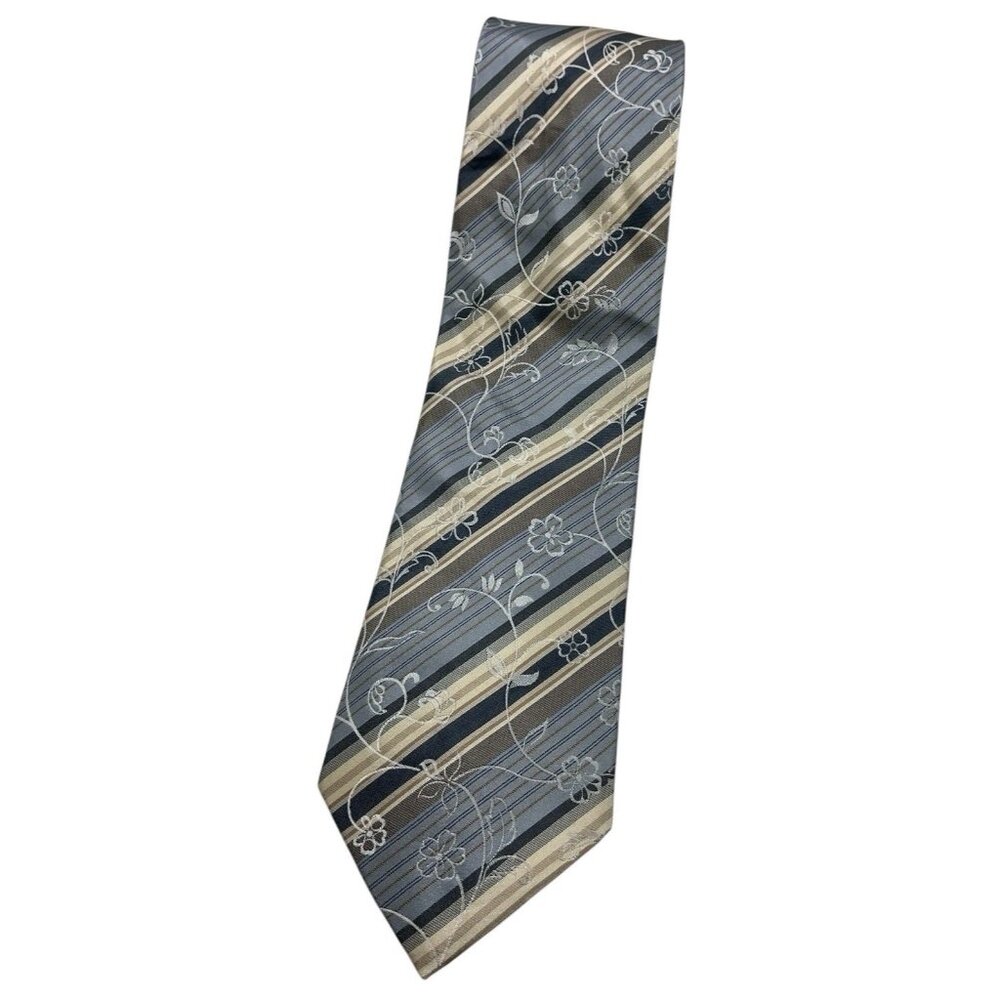 STRELLSON Men's 100% Silk Necktie LUXURY Gray Beige Striped Floral W:3.7" EUC